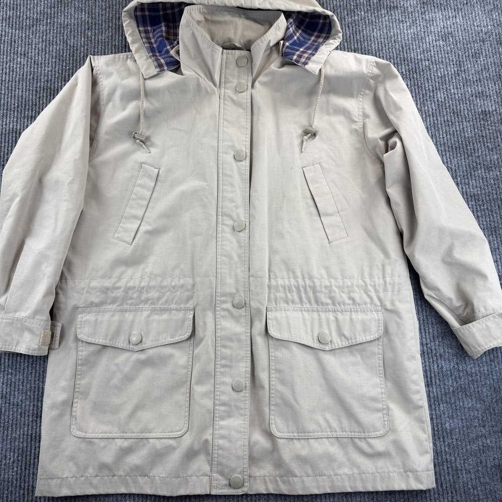 Cabin Creek Jacket Womens Large Khaki‎ Hooded Plaid Lined Parka Utility Canvas